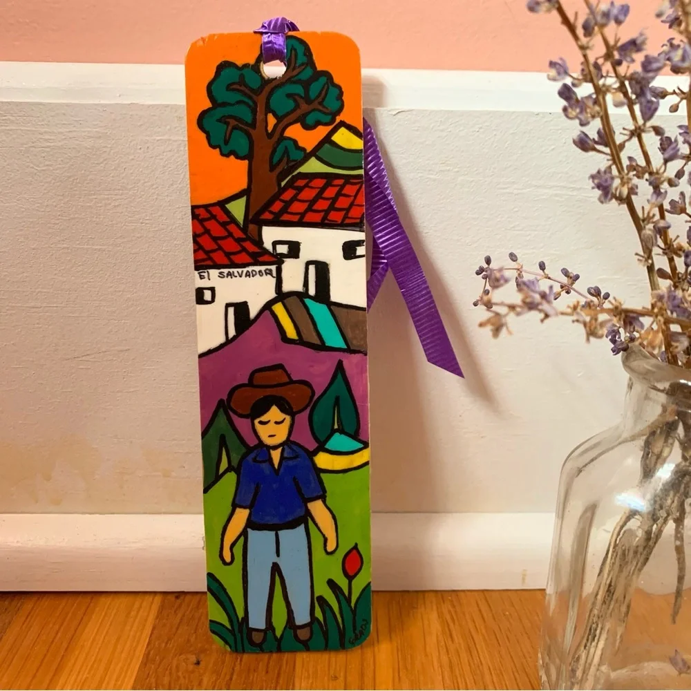 Hand Painted El Salvador Souvenier Wooden Bookmark Folk Art